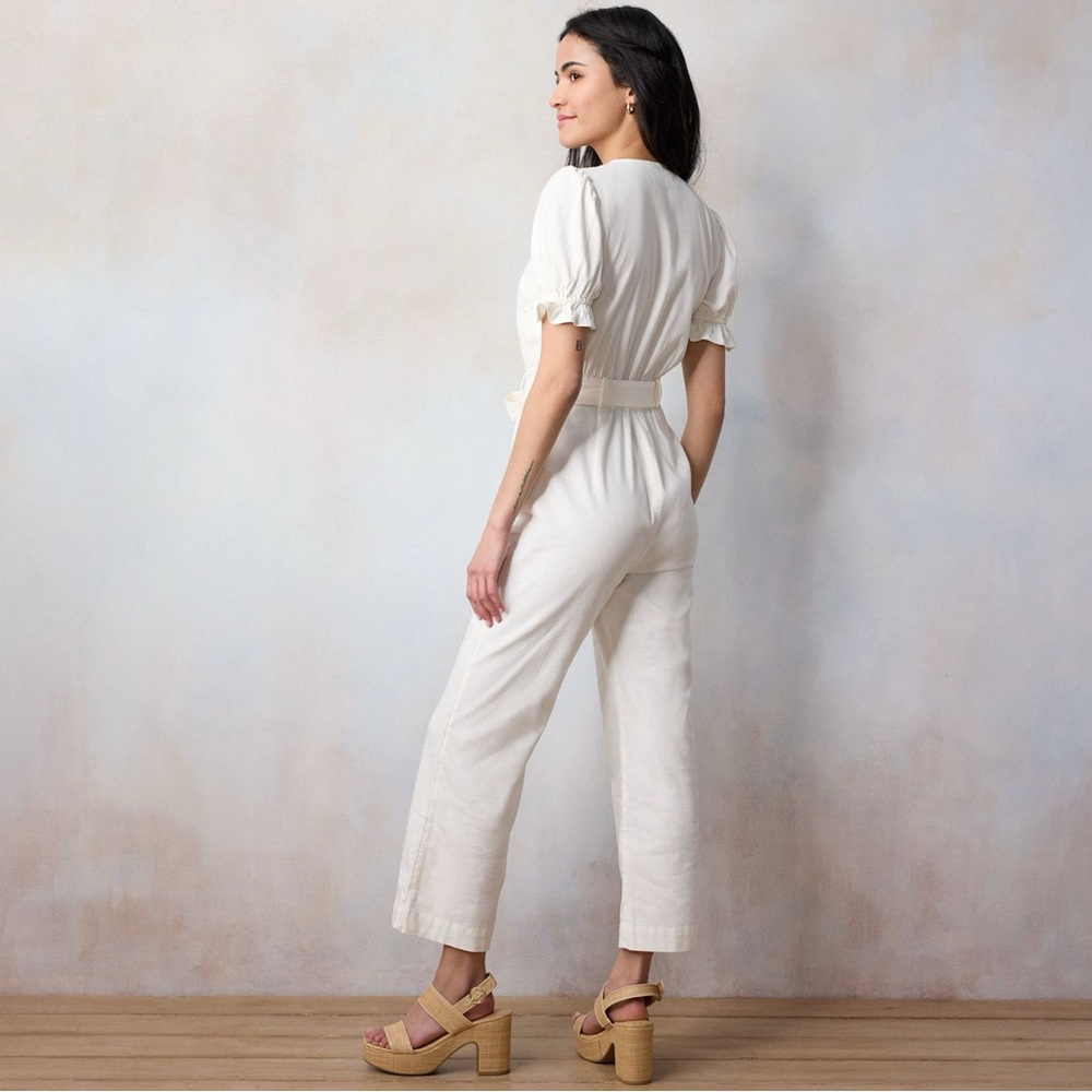 Women's LC Lauren Conrad Puff Sleeve Button Down Tie Waist V-Neck Jumpsuit